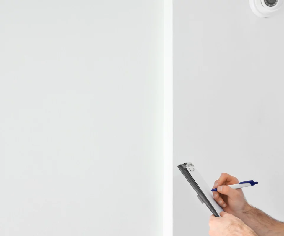 a hand holding a checklist and a pen with white wall on the the background